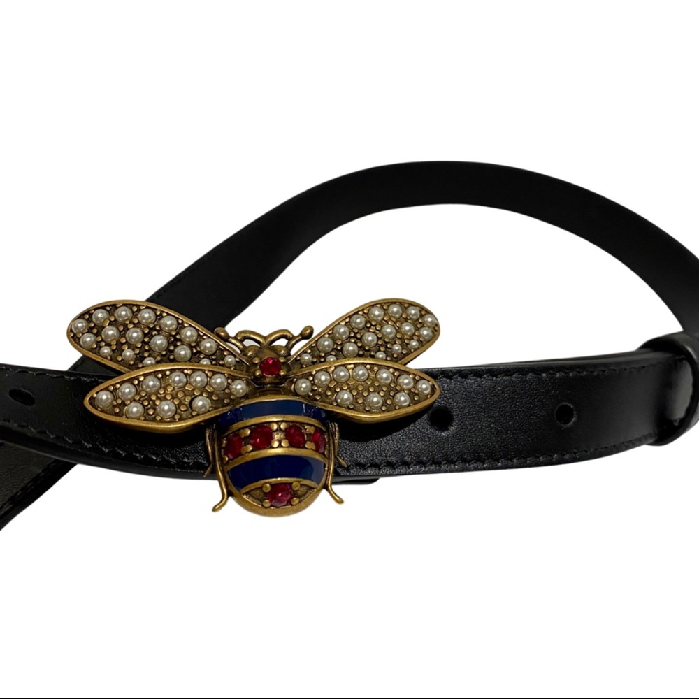Gucci Queen Margaret Bee Black Skinny Leather Belt 75/30